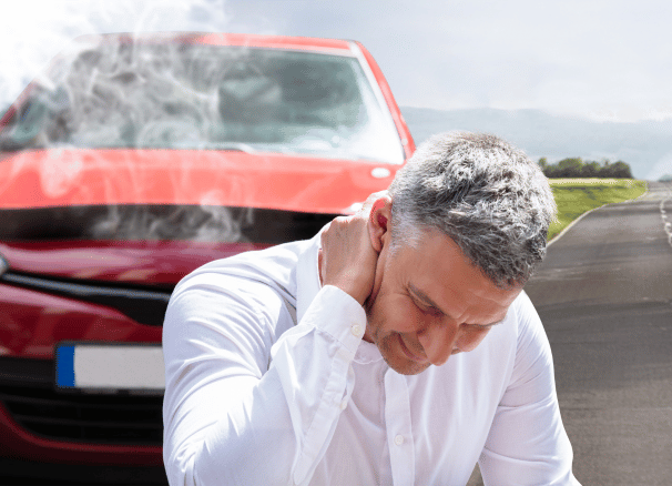 Man holding neck and smokey car crash